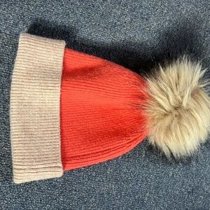 Norla Canada Tan and Orange Knit Hat with Pom-Pom
